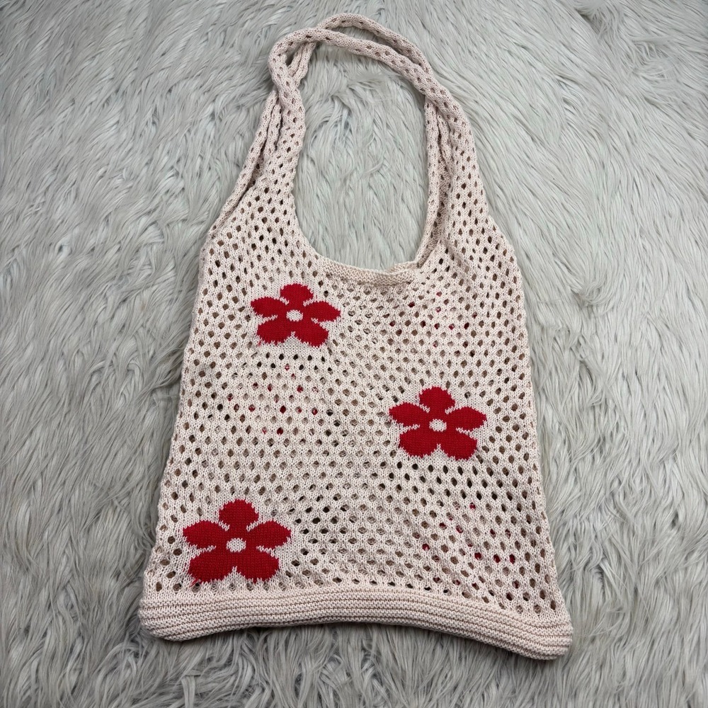 Unbranded Cream Red Floral Crochet Open Knit Tote Shoulder Bag‎ Retro Festival